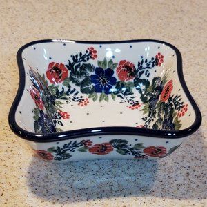 Square Wavy Edge Condiment Bowl Dish Handmade in Poland "Polish Wreath" …